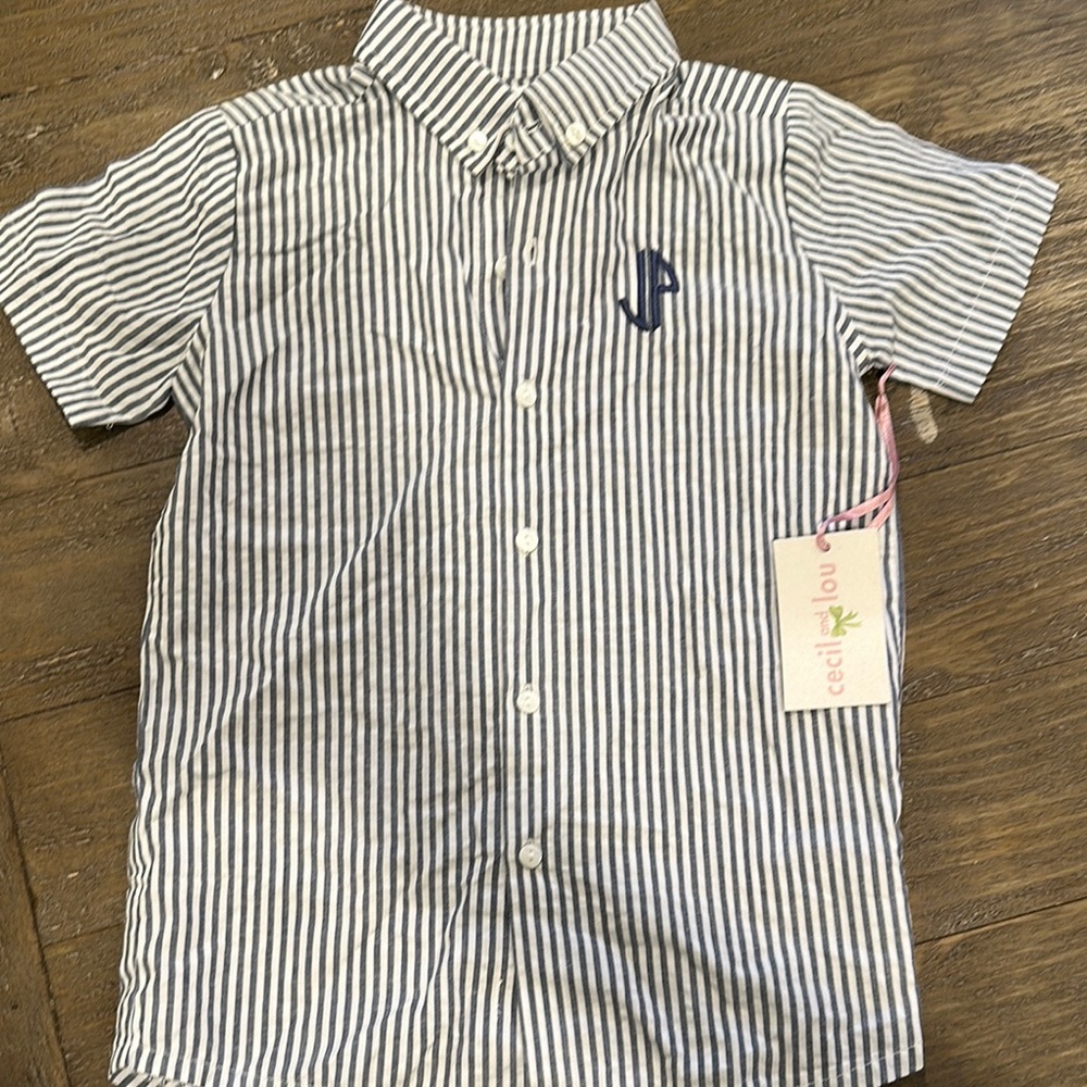 Blue and White Striped Button Down Shirt with personalized embroidered “JP”